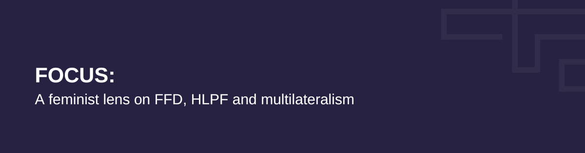 Focus: A feminist lens on FFD, HLPF and multilateralism  Acompanied by decorative shapes