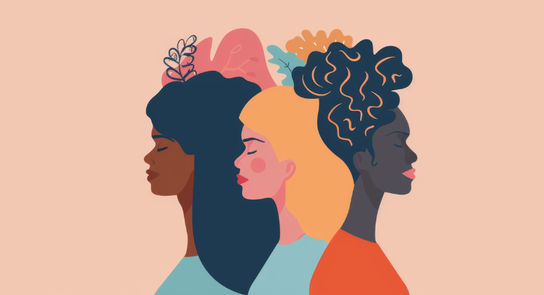 Illustration representing unity: Three women with different skin tones