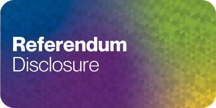 the words ''referendum disclosure'' in white text on a purple/multiccoloured backgtround