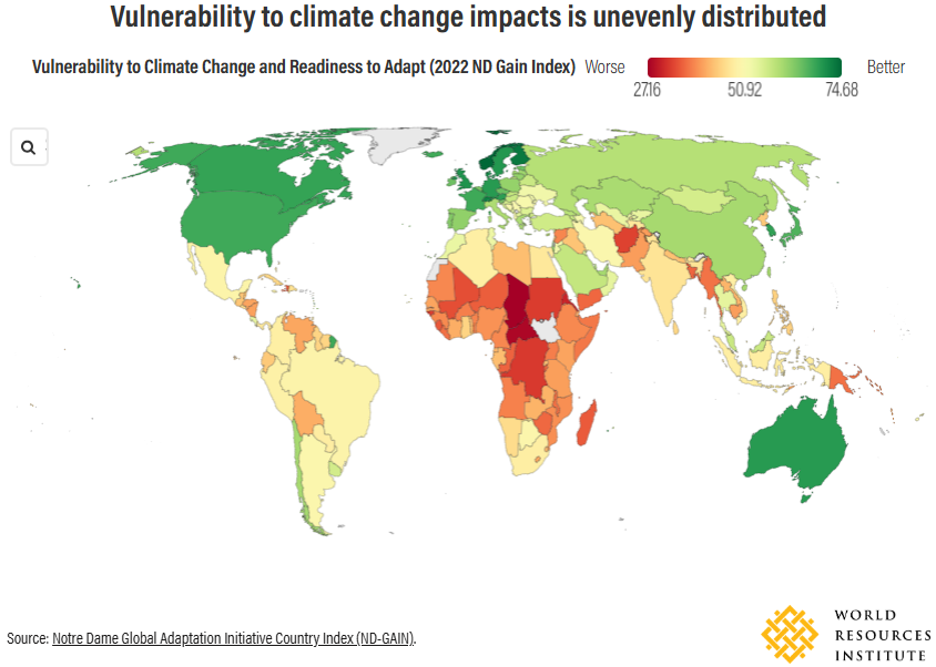 World map showing vulnerability to climate change impacts