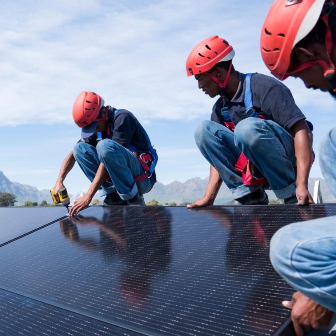 People working with a solar panel